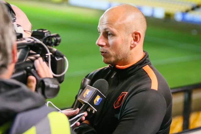 Mansfield Town's Manager Adam Murray speaks wih the Press - Pic Chris Holloway
