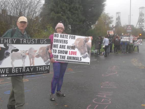 Activists are 'baring witness' to suffering of animals, pictured outside the Dunbia Mansfield slaughterhouse .