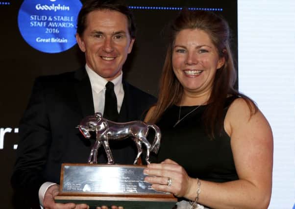TWO OF A KIND -- multiple champion jockey Tony McCoy presents champion employee Gemma Hogg with her trophy at the 2016 Godolphin Stud And Stable Staff Awards. (PHOTO BY: Dan Abraham of Racingfotos.com)