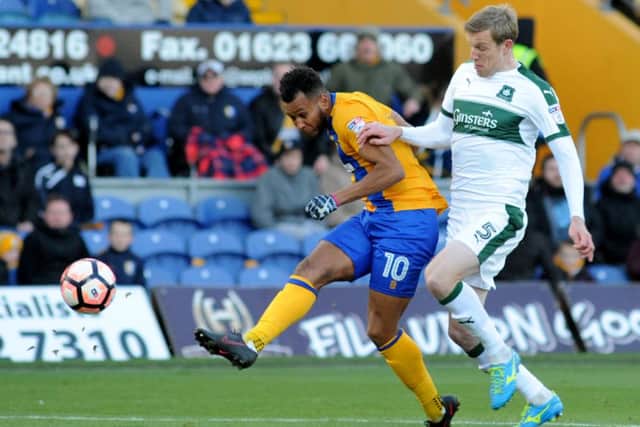 Mansfield Town v Plymouth Argyle.
Matt Green takes an early shot on goal in the first half.