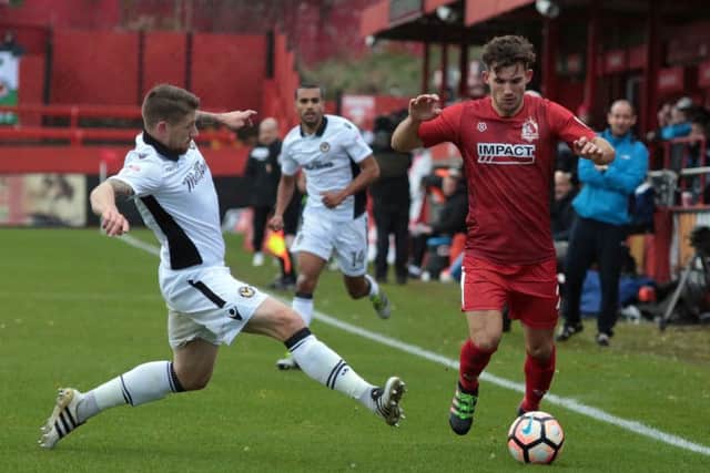 Ryan Wilson about to be clattered, Alfreton, United Kingdom, 6th November 2016. Photo by Glenn Ashley.