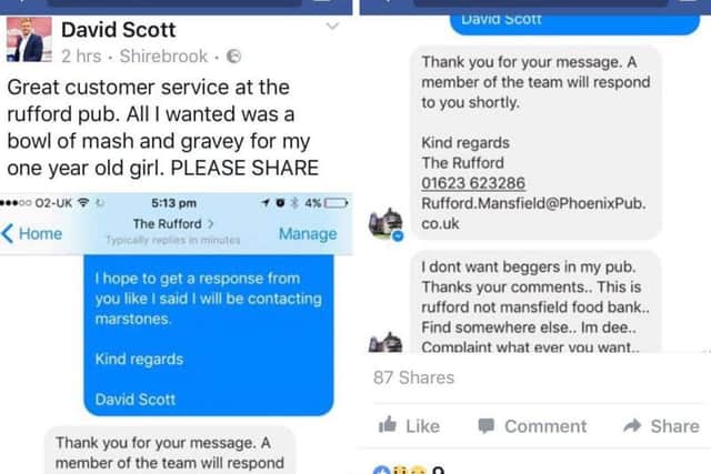 Messages between David and the pub show the way they handled his complaint.