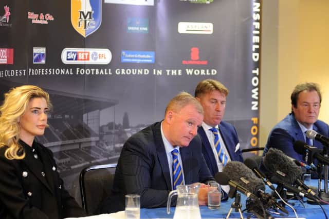 New Mansfield Town manager, Steve Evans at a press conference at the One Call Stadium on Wednesday, flanked by Caroline Radford, assistant manager Paul Raynor and Chairman John Radford.