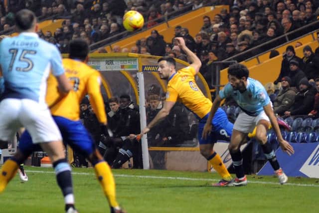 Mansfield Town V Blackpool.
Pat Hoban heads on.