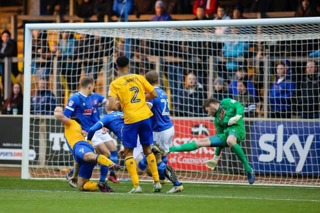 Mansfield Town's Pat Hoban opens the scoring - Pic by Chris Holloway