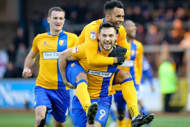Mansfield Town's Pat Hoban celebrates his goal - Pic by Chris Holloway