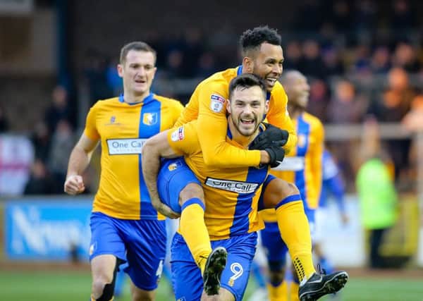 Mansfield Town's Pat Hoban celebrates his goal - Pic by Chris Holloway