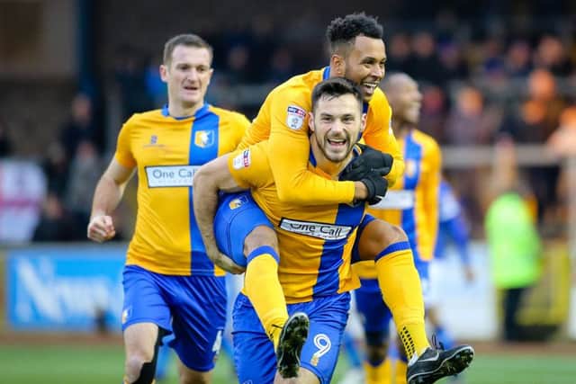 Mansfield Town's Pat Hoban celebrates his goal - Pic by Chris Holloway
