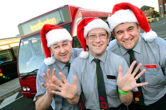 trentbarton : Christmas buses : Ho Ho Ho.... drivers L-R Alyn Roberts, Leighton Grimes and Shaun Parr : Photograph by Lionel Heap.