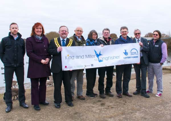 Launching the new project The King and Miller to Kingfisher, which will transform King's Mill Reservoir, are: L to R: Paul Crawford, Coun Cheryl Butler, Coun David Griffiths, Chris Watkinson, Pam Hallam, Ray Hallam, Coun Alan Rhodes, Chris Warren, Andrew Cartwright.
