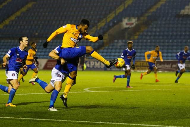 Mansfield Town's Matt Green takes a shot - Pic by Chris Holloway