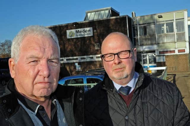Councillors John Kerr, left, and Andy Wetton outside the Meden Sports Centre in Warsop, which Mansfield District Council want to close.
