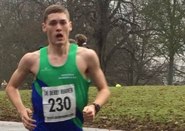 Seventeen-year-old Archie Rayner storming to victory for Mansfield Harriers in the main race of the day.