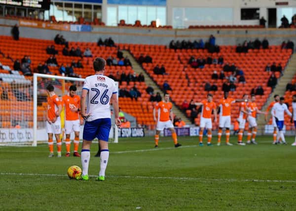 Mansfield Town's Joel Byrom sets up for the free kick - Pic by Chris Holloway