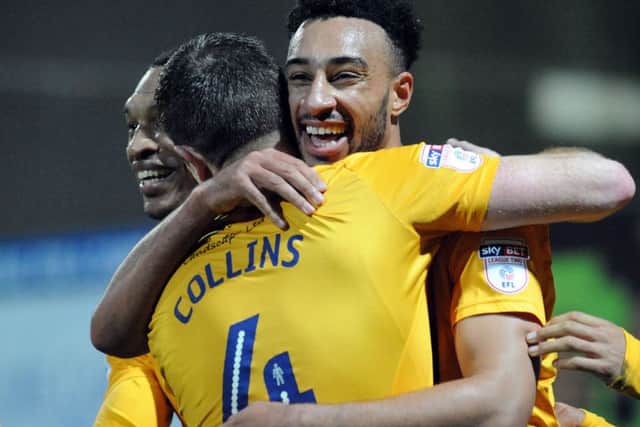 Mansfield Town v Crewe Alexander.Rhys Bennett celebrates the third goal for the Stags against Crewe on Saturday.