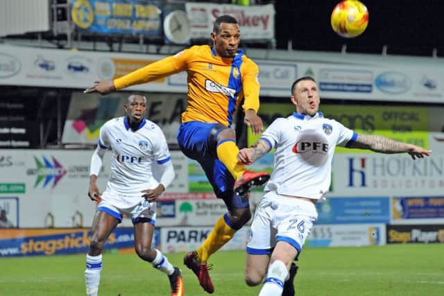 Mansfield Town v  Oldham Athletic.
Krystian Pearce brings the ball under his control a first half attack.