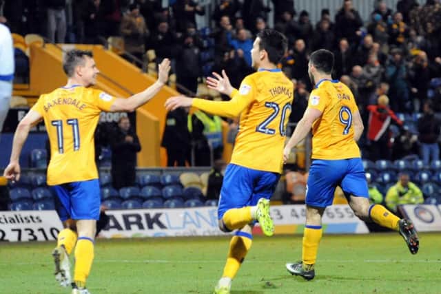 Mansfield Town v  Oldham Athletic.Celebrations after Mansfield's first goal on Tuesday night.