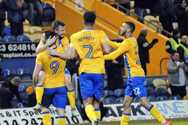 Mansfield Town v  Oldham Athletic.Celebrations after Mansfield's second goal on Tuesday night.