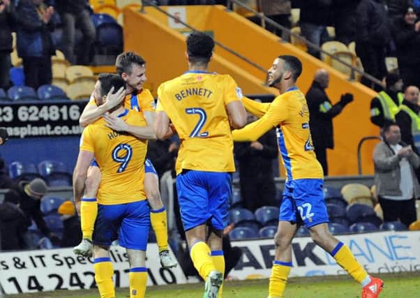 Mansfield Town v  Oldham Athletic.
Celebrations after Mansfield's second goal on Tuesday night.