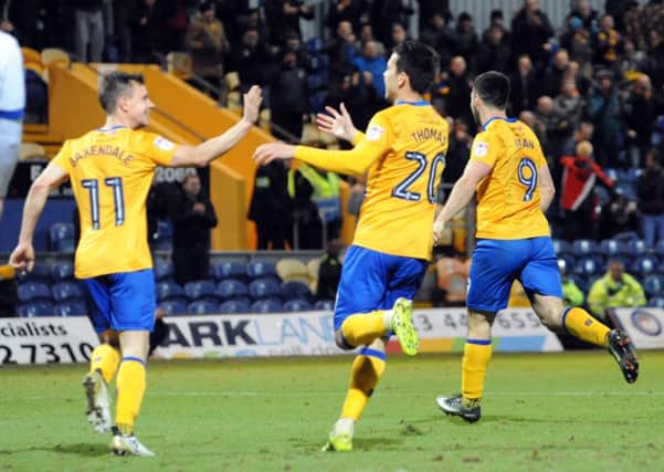 Mansfield Town v  Oldham Athletic.
Celebrations after Mansfield's first goal on Tuesday night.