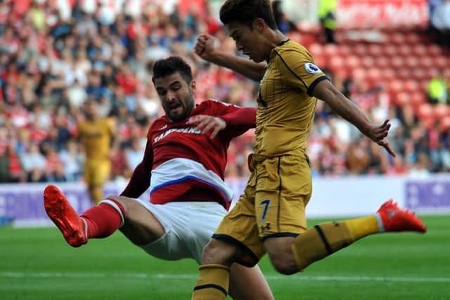 Son Heung-Min in action for Tottenham at Middlesbrough. Photo by Tom Collins.