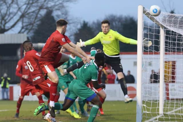 Niall Heaton's header goes wide of the target for Alfreton Town in their goalless draw against Worcester City.Alfreton Town FC v Worcester City.  National League North match at the Impact Arena Stadium, Alfreton.  Saturday 21st January 2017. PHOTOGRAPHER: MARK FEAR - MARK FEAR PHOTOGRAPHY.  CONTACT markfearphotographer@outlook.com (+44) 753 977 3354