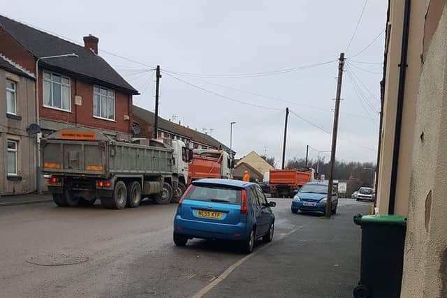 Trucks line up on their way through Huthwaite