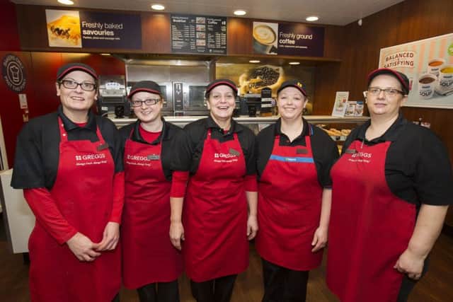 All smiles from the award-winning team at Greggs Sutton branch, (from left) Claire Gamble, Kirstie Brimble, Maxine Stone, Jenny Mason, and Samantha Stevenson. (PHOTO BY: TREVOR SMITH)