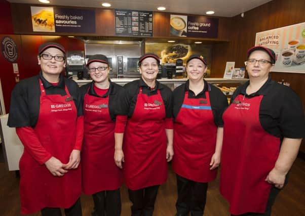 All smiles from the award-winning team at Greggs Sutton branch, (from left) Claire Gamble, Kirstie Brimble, Maxine Stone, Jenny Mason, and Samantha Stevenson. (PHOTO BY: TREVOR SMITH)