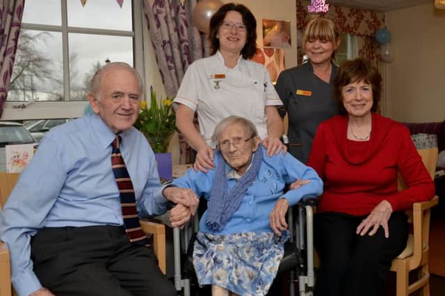 Elizabeth Shimeld celebrates her 106th birthday at Berry Hill Park Care Home, Mansfield. Elizabeth is pictured with second cousin Keith Coughlan and his wife Carole from Rugby, Nurse Maria Purves and care assistant Sharon Morris.