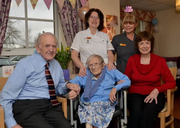 Elizabeth Shimeld celebrates her 106th birthday at Berry Hill Park Care Home, Mansfield. Elizabeth is pictured with second cousin Keith Coughlan and his wife Carole from Rugby, Nurse Maria Purves and care assistant Sharon Morris.
