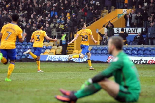 Mansfield Town v Hartlepool United.
Ben Whiteman runs to the Ian Greaves Stand to celebrated the Stags first goal.