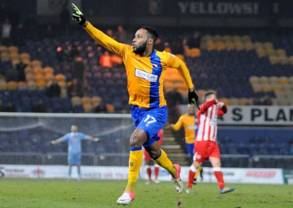 Mansfield v Accrington Stanley.
Second half substitute, Yoann Arquin celebrates scoring the Stags' equaliser to tie the score at 4-4.