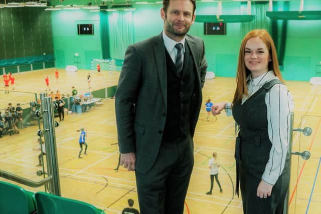 Purpose Media's marketing services director, Katrina Starkie, with UK Corporate Games director, Ben Sedgemore, at the venue for the event, the David Ross Sports Village at Nottingham University.