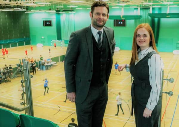 Purpose Media's marketing services director, Katrina Starkie, with UK Corporate Games director, Ben Sedgemore, at the venue for the event, the David Ross Sports Village at Nottingham University.