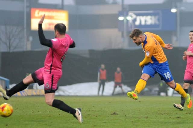 Alex MacDonald scores after coming on as a substitute against Hartlepool on his home debut.