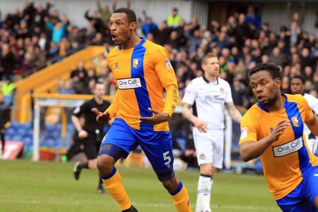 Mansfield Town v Newport County in the Sky Bet League 2. Krystian Pearce scores for Mansfield. Picture: Chris Etchells