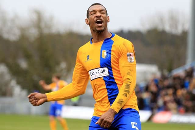 Mansfield Town v Newport County in the Sky Bet League 2. Krystian Pearce scores for Mansfield. Picture: Chris Etchells