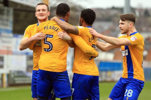 Mansfield Town v Newport County in the Sky Bet League 2. Krystian Pearce scores for Mansfield. Picture: Chris Etchells