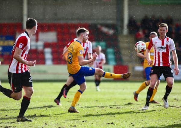 Ben Whiteman might have scored the Stags in the goalless draw at Cheltenham. Photo by Chris Holloway