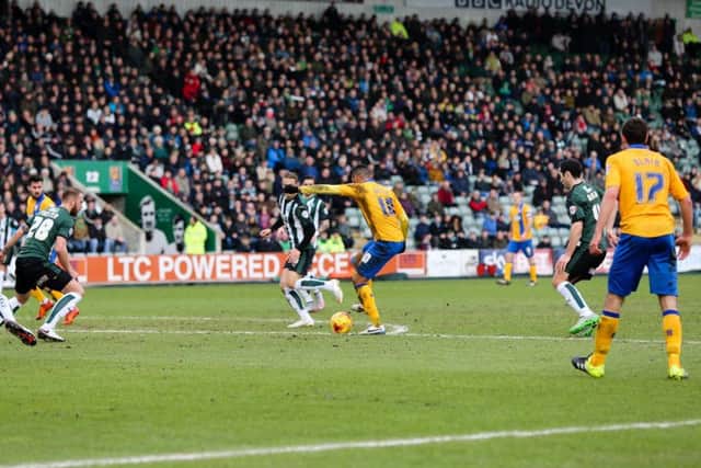 Mansfield Town's Matt Green has a shot on goal - Pic Chris Holloway - The Bigger Picture