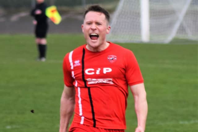 Callum Lloyd celebrates after scoring the only goal of the game for AFC Mansfield against Thackley.