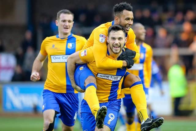 Mansfield Town's Pat Hoban celebrates a goal - Pic by Chris Holloway