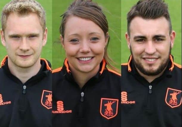 Mansfield Town assistant groundsman Scott Merriman (pictured, right) physiotherapist Dan Kett and sports therapist Lizzie Reed, who saved the life of a fan.