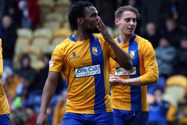 Mansfield Town v Carlisle United
English League Football - Sky BET League Two
Field Mill, Mansfield, England
18th March 2017
Mansfield Town's Shaq Coulthirst celebrates making it 2-0
Picture by Dan Westwell
dan.westwell@btinternet.com
07793 733140