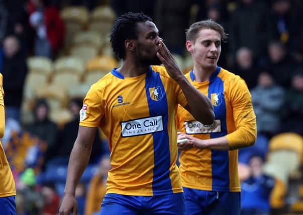 Mansfield Town v Carlisle United
English League Football - Sky BET League Two
Field Mill, Mansfield, England
18th March 2017

Mansfield Town's Shaq Coulthirst celebrates making it 2-0 

Picture by Dan Westwell

dan.westwell@btinternet.com
07793 733140