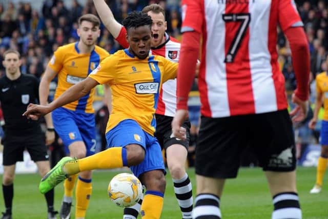 Mansfield Town v Exeter.Shaquile Couthirst puts one in the back of the net only for it to be disallowed.