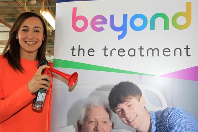 And they're off! Olympic legend Dame Jessica Ennis-Hill blasts an air horn to launch Weston Park Cancer Charity's 500k Beyond The Treatment appeal. Photo: Chris Etchells