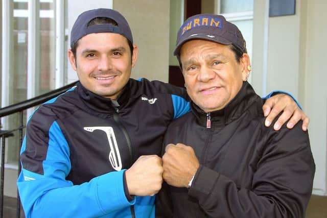 Boxing legend Roberto Duran, pictured with his son, Roberto Junior, during a recent visit to Blackpool.