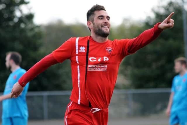 Phil Buxton celebrates after opening the scoring for AFC Mansfield. PHOTO: Anne Shelley